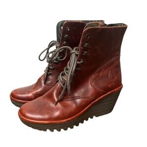 FLY LONDON Women's size 9 Ygot Brick Red Distressed Leather Wedge Ankle Booties
